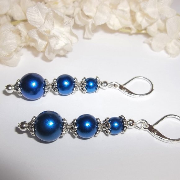 Blue Earrings, Blue Pearl Earrings, Blue and Silver Earrings, Earrings, NWT A757 - Picture 5 of 9